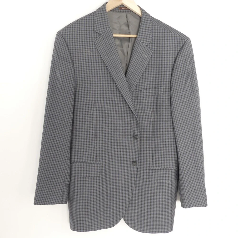 Peter Millar‎ 2-Button Wool Sport Coat Gray Blue Check Actual 44L Tagged 46L